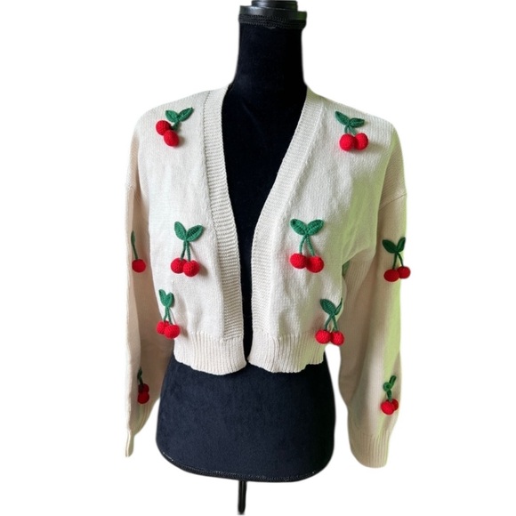 Vici Womens Cream Cherry Embellished Wild Vine Appliqué Cardigan Medium NWT - Picture 3 of 15